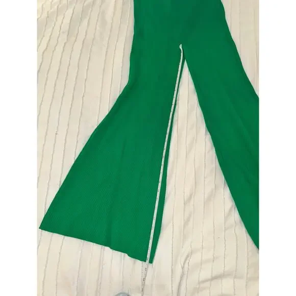 Emerald Green Ribbed Knit Flare Pants High Rise Y2K 70s Retro Festival Sz Small - Picture 3 of 13
